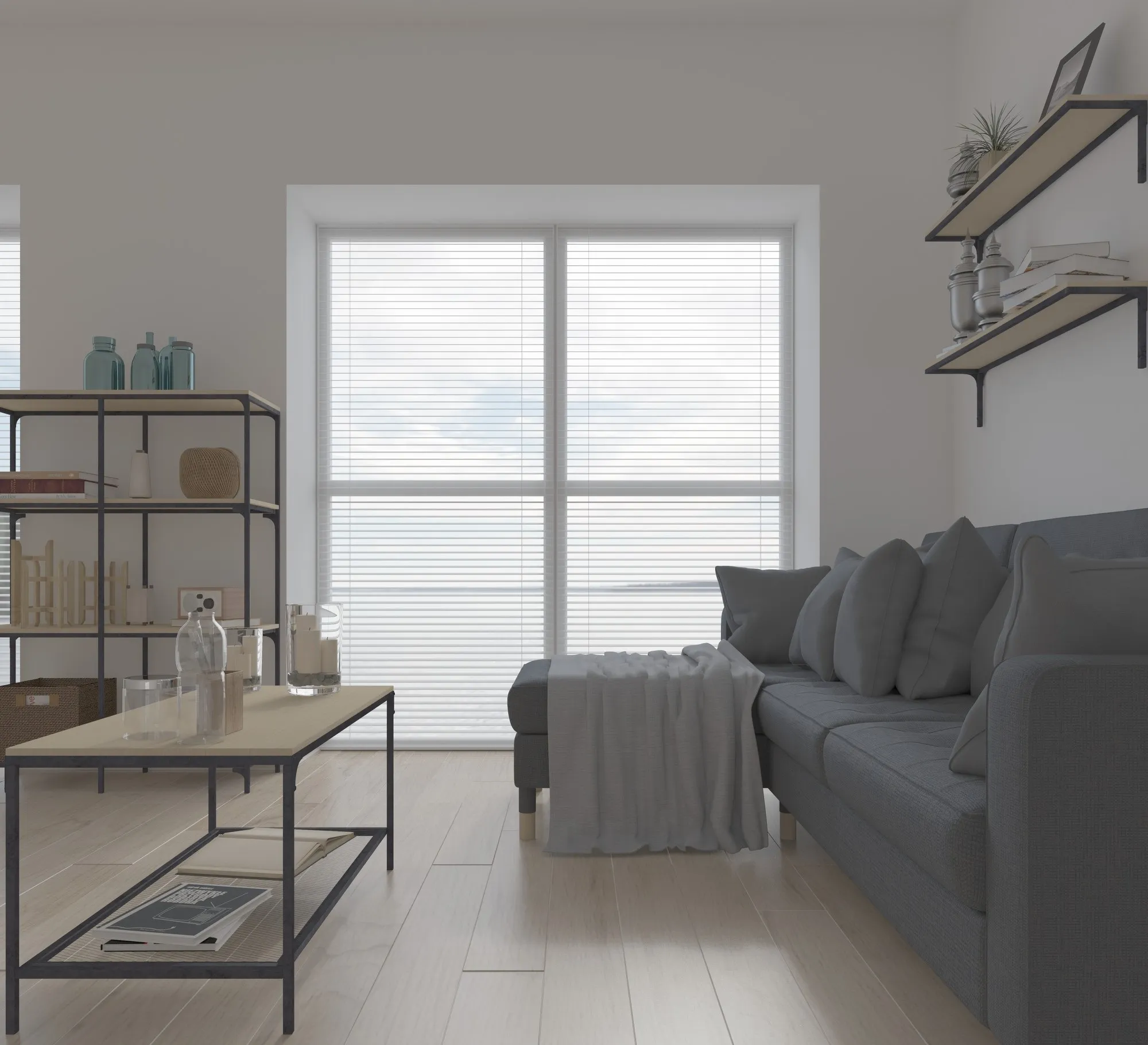 Bright modern living room with blinds